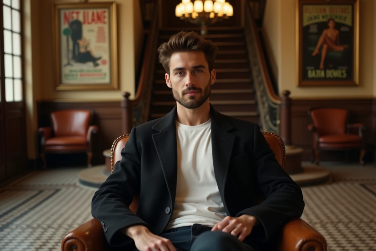 SCH assis dans un hall de cinéma classique parisien, reflétant son lien avec le septième art et la culture