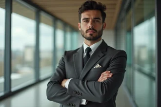 Rappeur SCH en costume tailleur dans un bureau parisien moderne, incarnant son univers business et mode