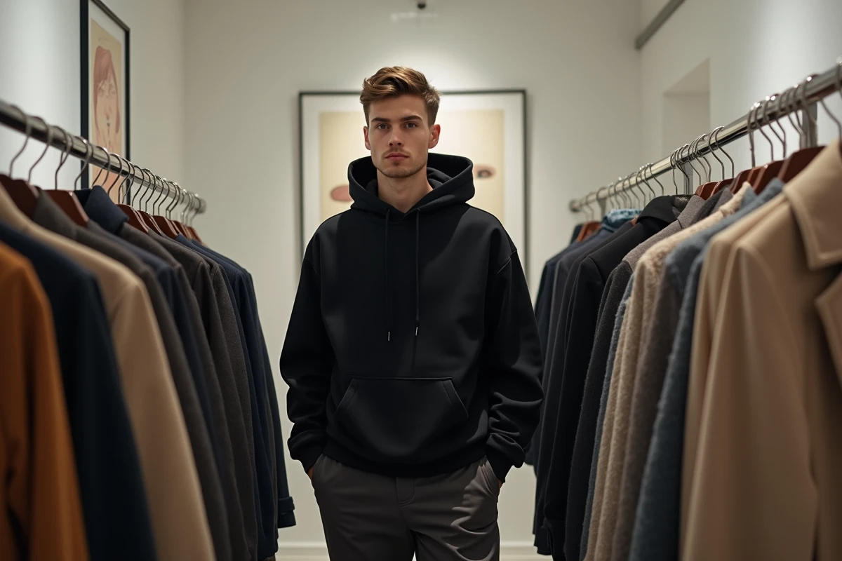 Artiste SCH explorant un showroom de mode parisien haut de gamme, entre streetwear et haute couture