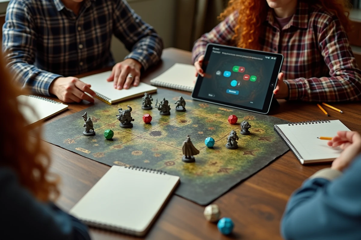 Session de jeu de rôle avec dés polyédriques et interface Google de lancer de dés sur tablette