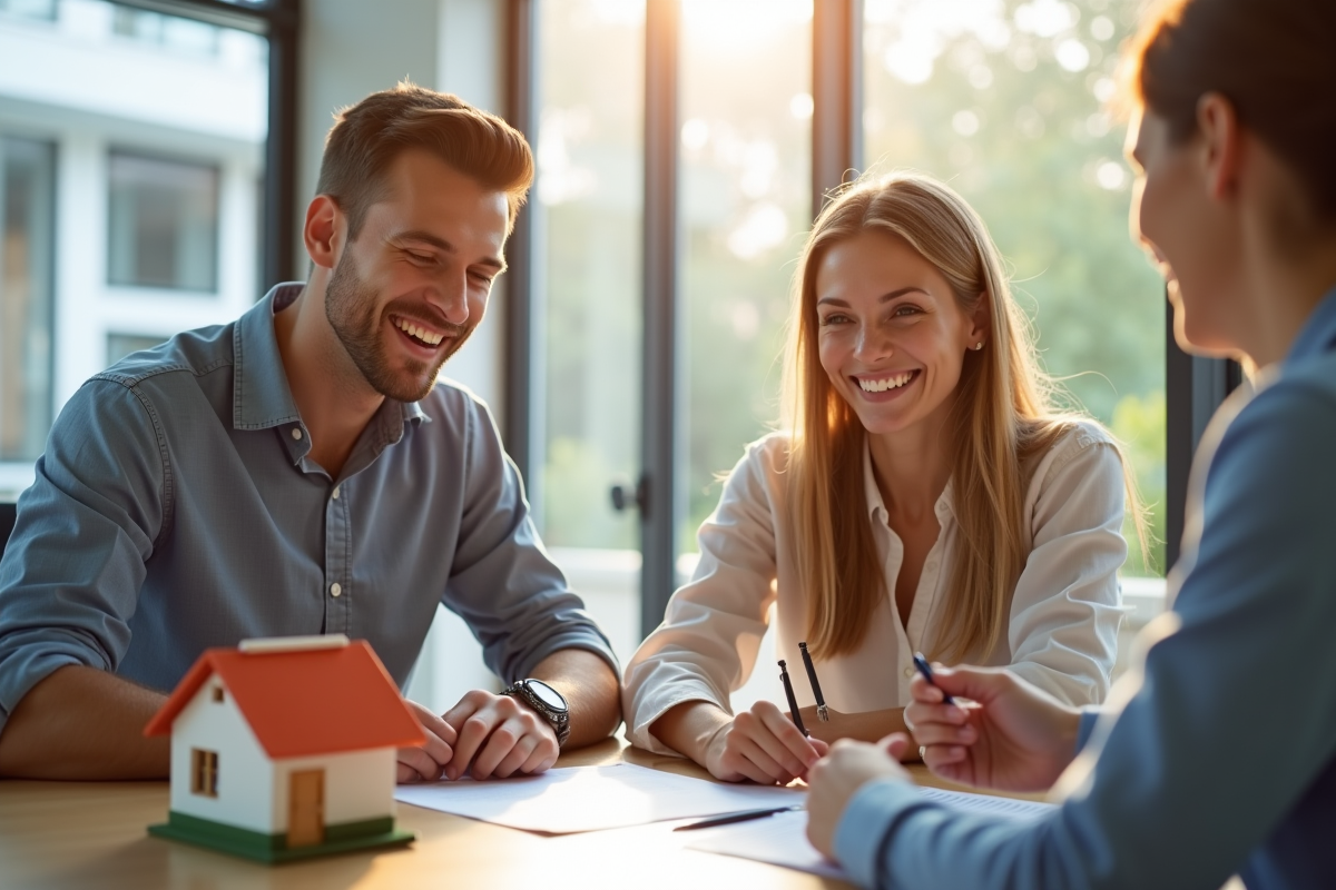 Jeune couple signant un contrat immobilier avec un notaire souriant