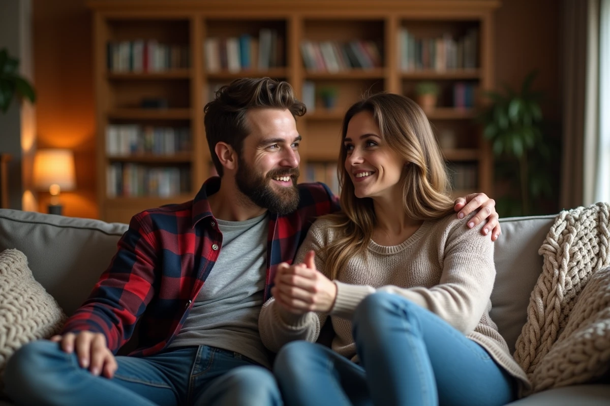 Couple complice dans un salon douillet, l'homme tenant tendrement la main de sa partenaire, signe révélateur d'un attachement sincère et profond