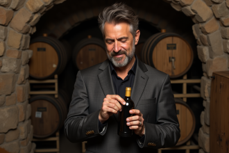 Sommelier inspectant une bouteille ancienne de vin en cave