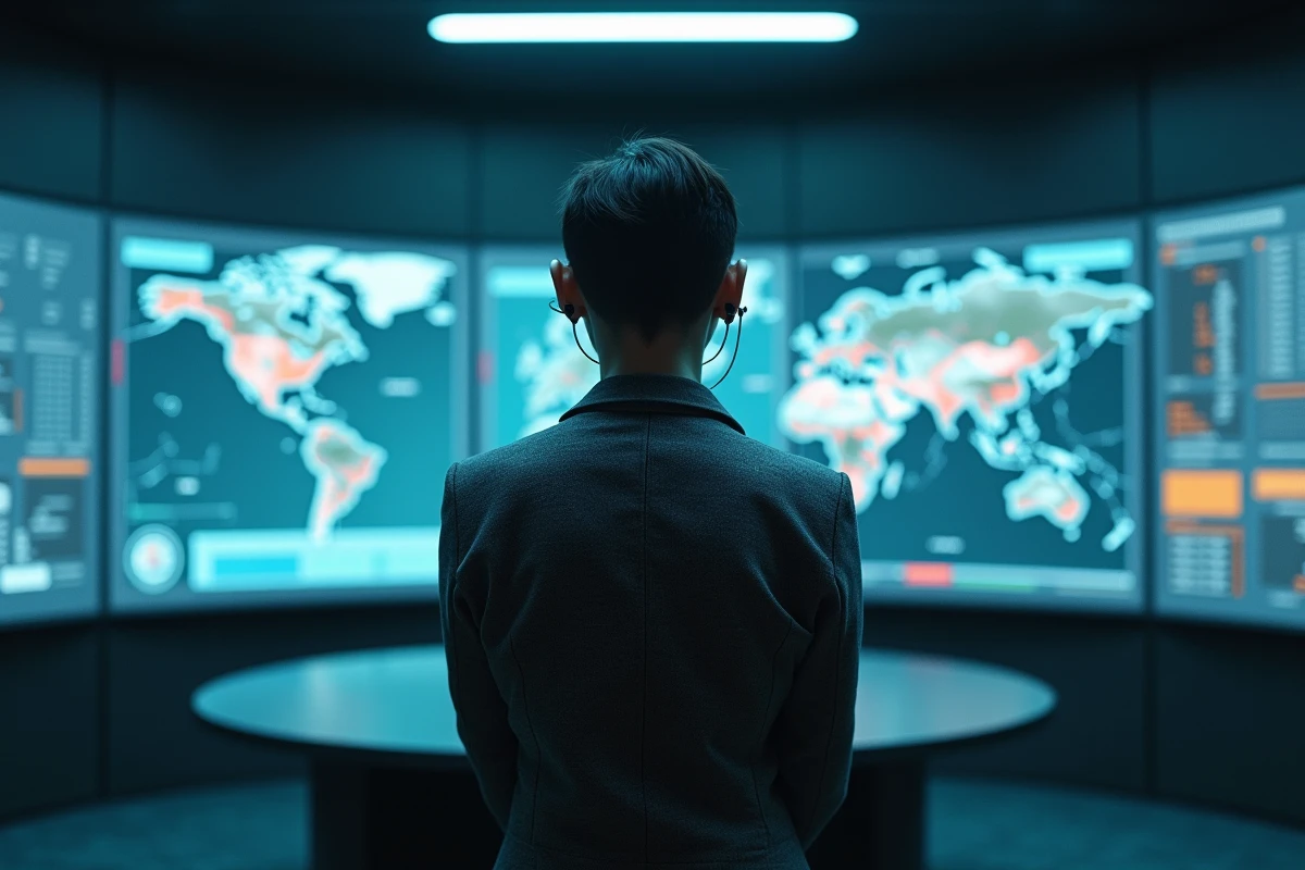 Stratège féminine dans une salle de commandement futuriste supervisant un war game tactique avancé