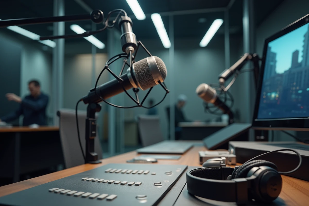 Bureau vide d'un studio de matinale radio avec microphones professionnels et chaise inoccupée, symbolisant le départ d'une animatrice