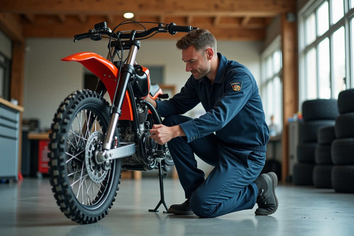 Technicien en mécanique vérifiant une moto tout en souriant