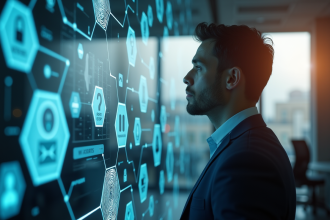 Personne d affaires dans un bureau moderne avec icônes blockchain et empreinte digitale