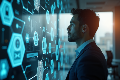 Personne d affaires dans un bureau moderne avec icônes blockchain et empreinte digitale