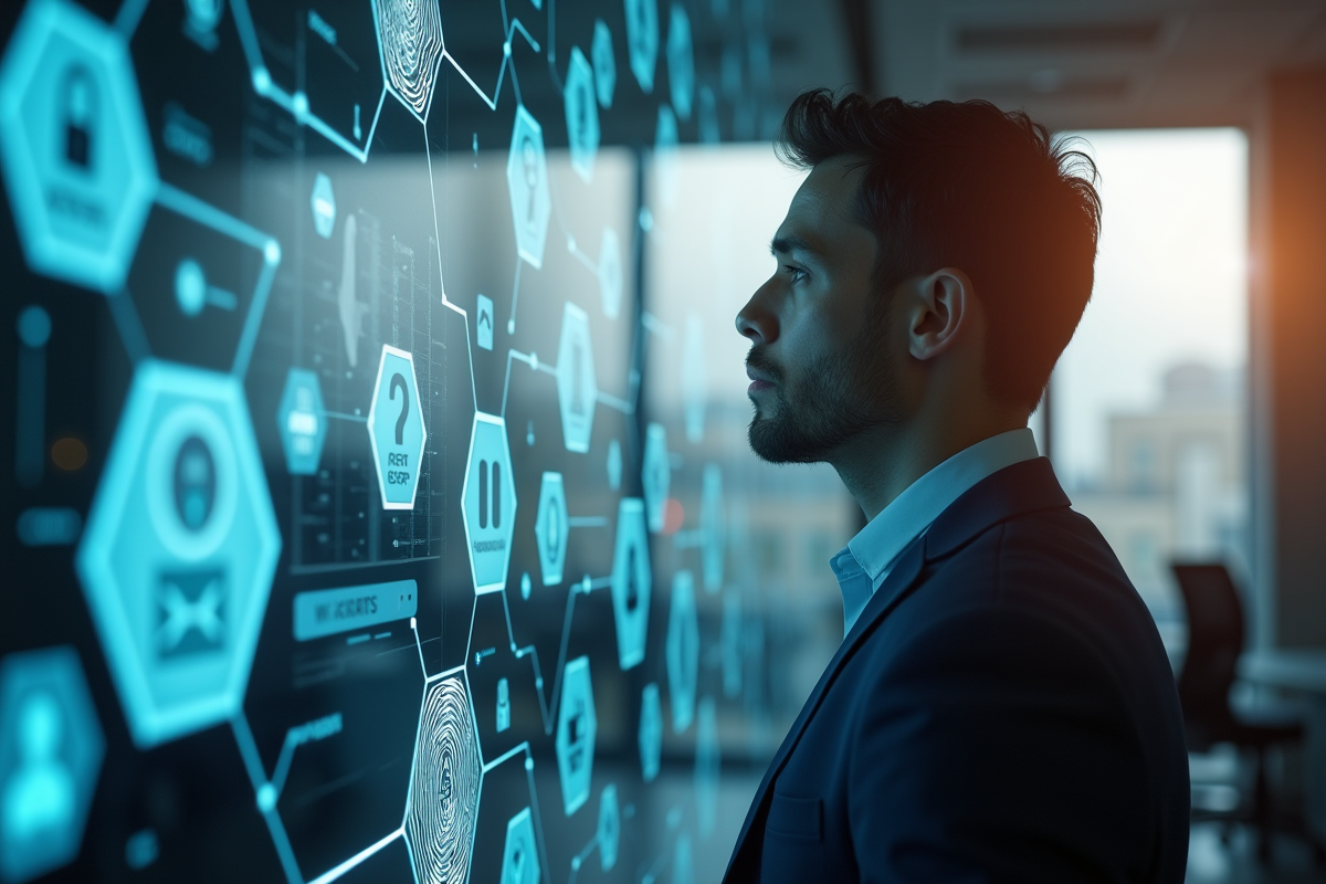 Personne d affaires dans un bureau moderne avec icônes blockchain et empreinte digitale
