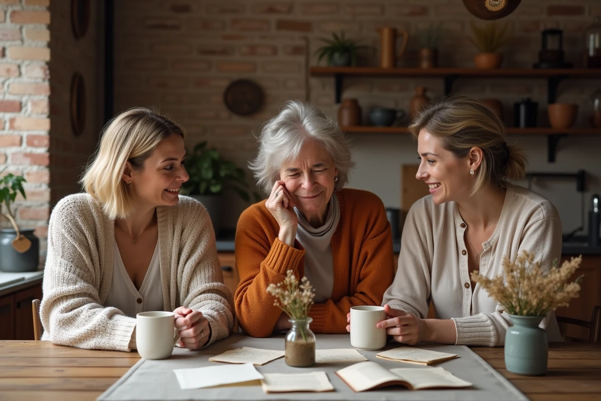 Trois amies d'âge mûr réunies autour d'une table rustique, lisant des lettres d'amitié sincères et se tenant les mains dans un geste émouvant