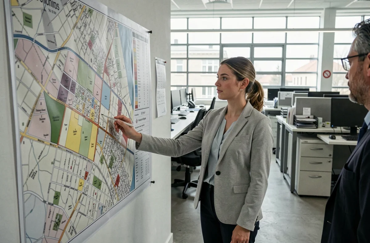 Urbaniste municipale analysant un plan de zonage communal dans un bureau administratif moderne