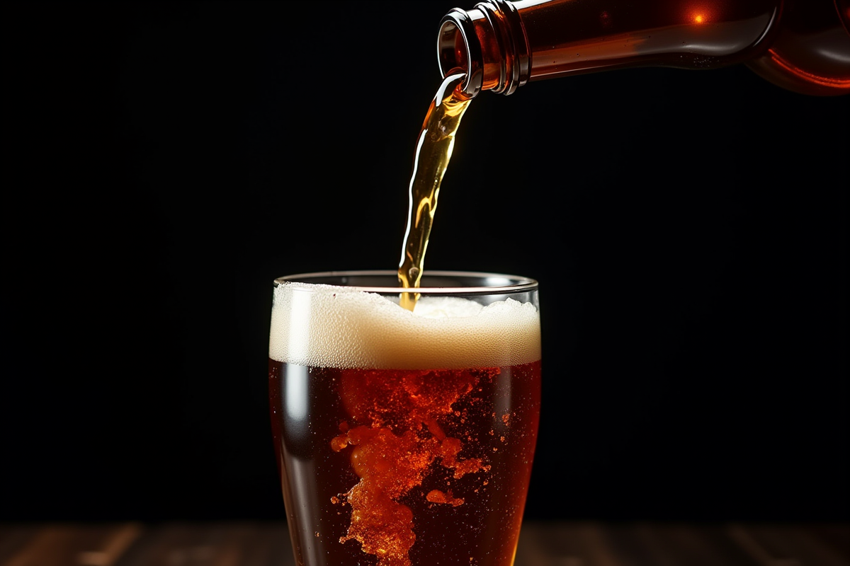 Goutte de bière noire versée dans un verre glacé