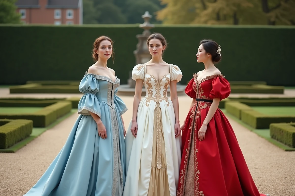 Trois femmes portant des robes de bal aux styles culturels différents dans un jardin formel, illustrant les diverses versions internationales du mythe de Cendrillon