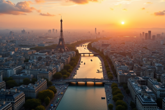 Vue aérienne de Paris avec la tour Eiffel au coucher du soleil