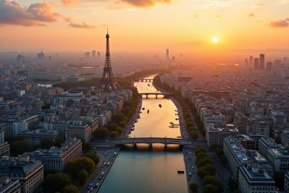 Vue aérienne de Paris avec la tour Eiffel au coucher du soleil