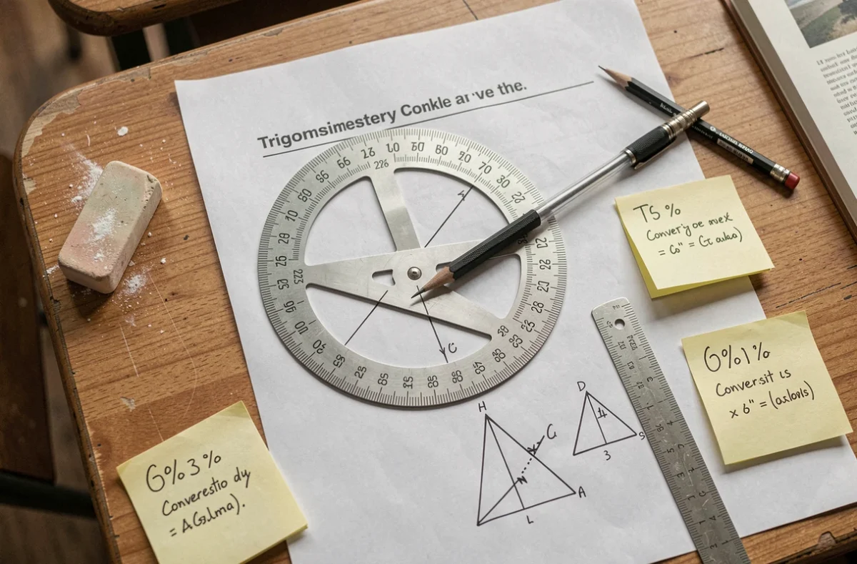 Vue de dessus d'un bureau scolaire avec un rapporteur, une feuille de calcul et des notes de conversion de degrés en pourcentage