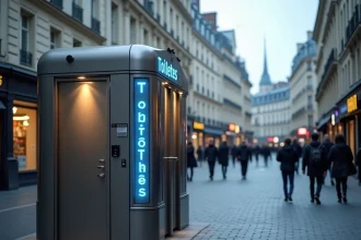 WC public moderne en libre accès sur un trottoir parisien avec panneau lumineux Toilettes